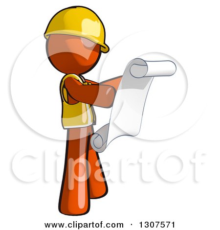 Clipart of a Contractor Orange Man Worker Facing Right and Reviewing a Schematic - Royalty Free Illustration by Leo Blanchette
