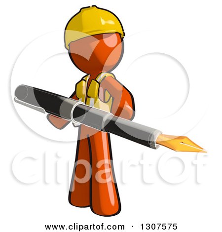 Clipart of a Contractor Orange Man Worker Holding a Giant Fountain Pen - Royalty Free Illustration by Leo Blanchette