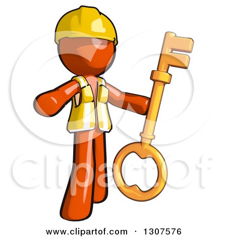 Clipart of a Contractor Orange Man Worker Presenting and Holding a Skeleton Key - Royalty Free Illustration by Leo Blanchette