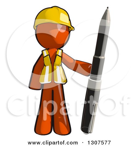 Clipart of a Contractor Orange Man Worker Standing with a Giant Pen - Royalty Free Illustration by Leo Blanchette