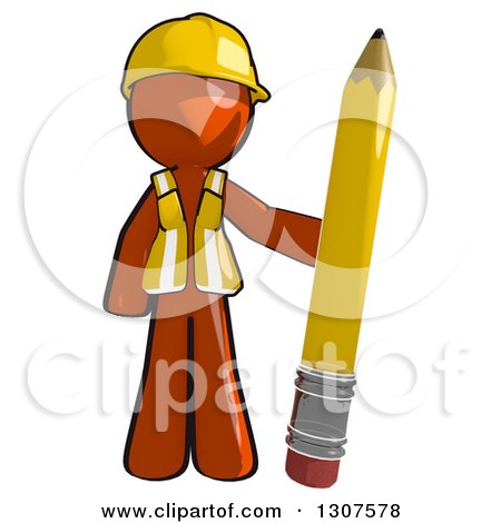 Clipart of a Contractor Orange Man Worker Standing with a Giant Pencil - Royalty Free Illustration by Leo Blanchette