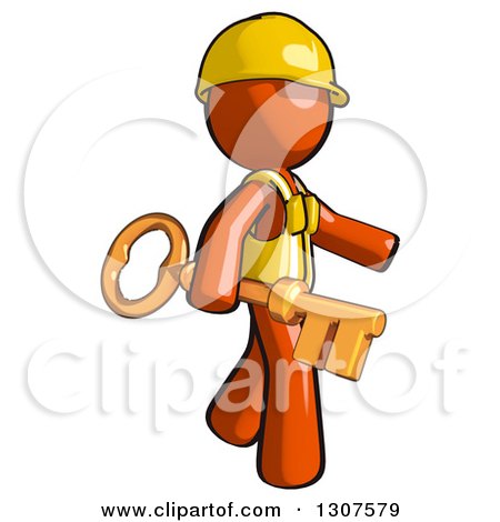 Clipart of a Contractor Orange Man Worker Walking with a Skeleton Key - Royalty Free Illustration by Leo Blanchette