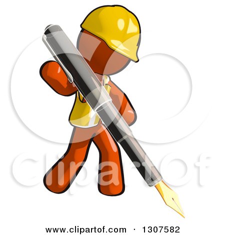 Clipart of a Contractor Orange Man Worker Writing with a Giant Fountain Pen - Royalty Free Illustration by Leo Blanchette