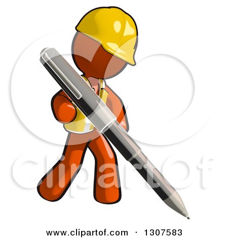 Clipart of a Contractor Orange Man Worker Writing with a Giant Pen - Royalty Free Illustration by Leo Blanchette