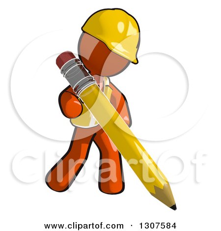 Clipart of a Contractor Orange Man Worker Writing with a Giant Pencil - Royalty Free Illustration by Leo Blanchette