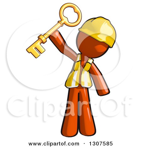 Clipart of a Contractor Orange Man Worker Holding up a Success Skeleton Key - Royalty Free Illustration by Leo Blanchette