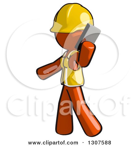 Clipart of a Contractor Orange Man Worker Walking and Talking on a Smart Cell Phone - Royalty Free Illustration by Leo Blanchette