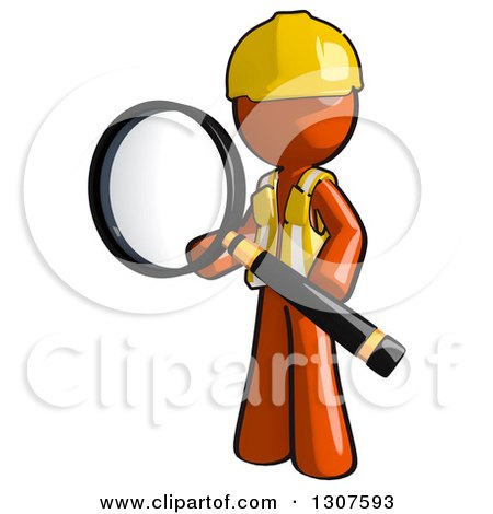 Clipart of a Contractor Orange Man Worker Holding a Giant Magnifying Glass - Royalty Free Illustration by Leo Blanchette