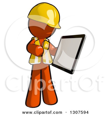 Clipart of a Contractor Orange Man Worker Holding and Looking at a Tablet Computer - Royalty Free Illustration by Leo Blanchette