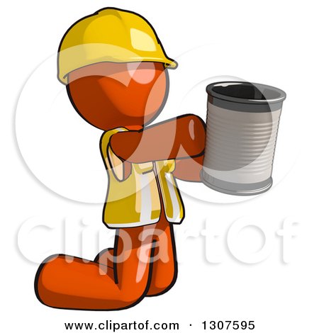 Clipart of a Contractor Orange Man Worker Kneeling and Begging with a Can - Royalty Free Illustration by Leo Blanchette