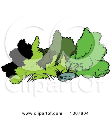 Clipart of a Cartoon Rock and Shrubs - Royalty Free Vector Illustration by dero