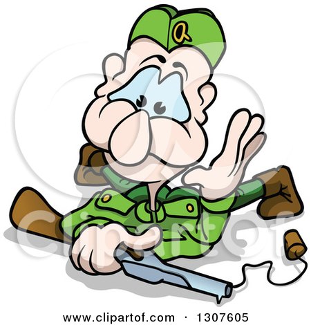 Clipart of a Cartoon Blue Eyed White Male Soldier on the Ground with a Toy Gun - Royalty Free Vector Illustration by dero