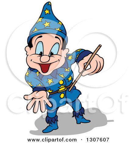 Clipart of a Cartoon Excited Blue Eyed White Male Wizard Using a Wand - Royalty Free Vector Illustration by dero