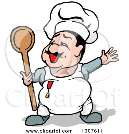 Clipart of a Cartoon Chubby White Male Chef Presenting and Holding a Spoon - Royalty Free Vector Illustration by dero