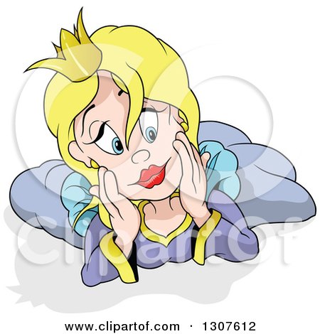 Clipart of a Cartoon Blond, Blue Eyed White Princess Laying on Her Belly and Thinking - Royalty Free Vector Illustration by dero