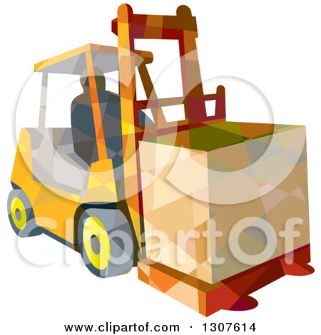 Clipart of a Retro Low Poly Geometric Worker Operating a Forklift and Moving a Crate - Royalty Free Vector Illustration by patrimonio