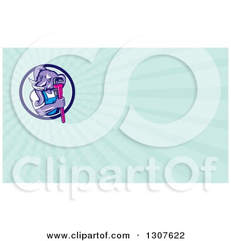 Clipart of a Retro Woodcut Muscular Purple Elephant Man Plumber Holding a Monkey Wrench and Blue Rays Background or Business Card Design - Royalty Free Illustration by patrimonio