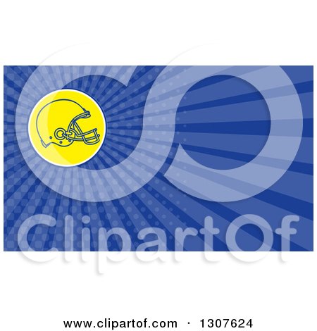 Clipart of a Football Helmet in a Yellow Circle and Blue Rays Background or Business Card Design - Royalty Free Illustration by patrimonio
