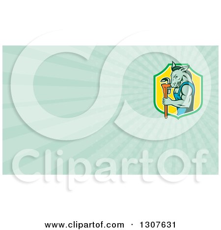 Clipart of a Retro Cartoon Muscular Donkey Man Plumber Holding a Monkey Wrench and Pastel Green Rays Background or Business Card Design - Royalty Free Illustration by patrimonio