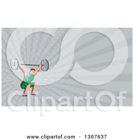 Clipart of a Retro Low Poly White Male Bodybuilder Squatting with a Barbell and Gray Rays Background or Business Card Design - Royalty Free Illustration by patrimonio