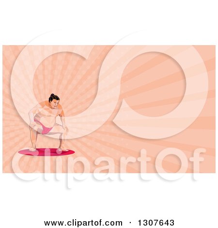 Clipart of a Low Poly Squatting Sumo Wrestler and Pink Rays Background or Business Card Design - Royalty Free Illustration by patrimonio