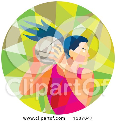 Clipart of a Retro Low Poly Geometric Female Volleyball Player Rebounding in a Circle - Royalty Free Vector Illustration by patrimonio