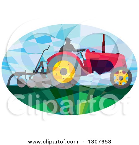 Clipart of a Retro Low Poly Geometric Farmer Operating a Plow Tractor in an Oval - Royalty Free Vector Illustration by patrimonio