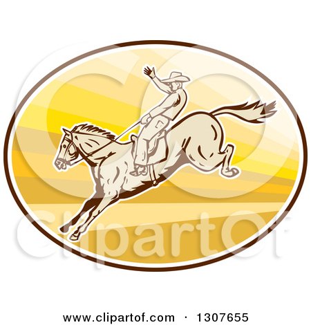 Clipart of a Retro Male Rodeo Cowboy on a Bucking Horse in an Oval - Royalty Free Vector Illustration by patrimonio