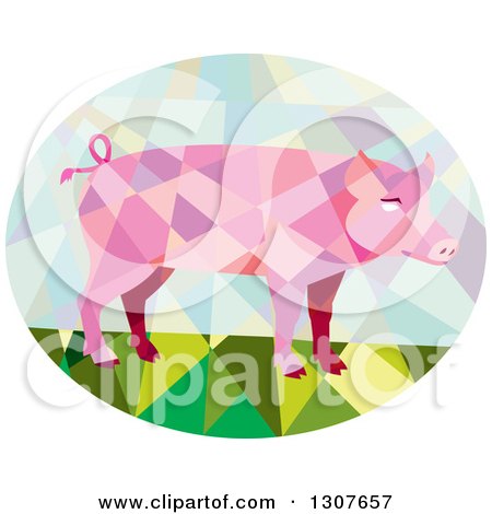 Clipart of a Retro Low Poly Geometric Pink Pig in an Oval - Royalty Free Vector Illustration by patrimonio