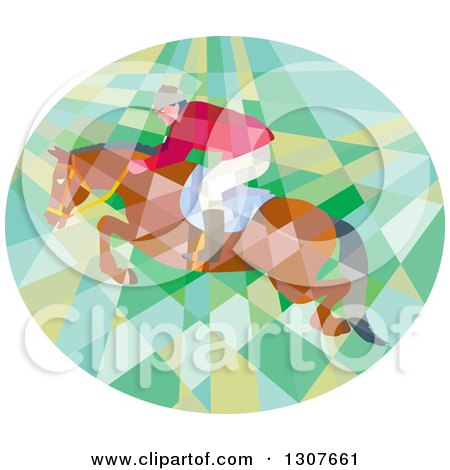 Clipart of a Retro Low Poly Geometric Equestrian Show Jumping a Horse in an Oval - Royalty Free Vector Illustration by patrimonio