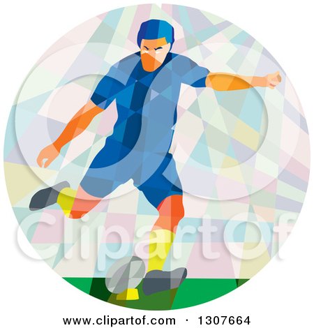 Clipart of a Retro Low Poly Caucasian Male Rugby Player Kicking in a Circle - Royalty Free Vector Illustration by patrimonio