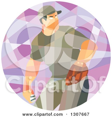 Clipart of a Retro Low Poly Geometric Male Baseball Player Pitching in a Circle - Royalty Free Vector Illustration by patrimonio