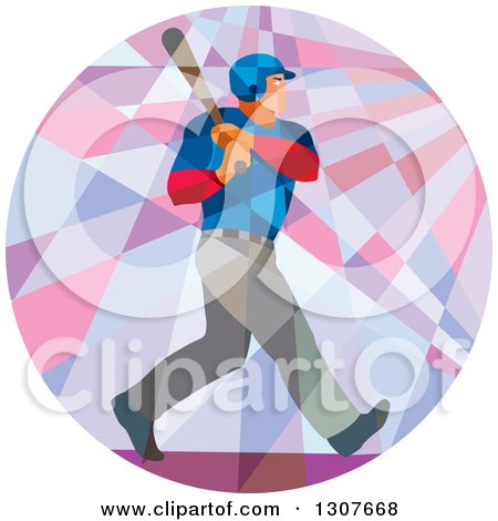 Clipart of a Retro Low Poly Geometric White Male Baseball Player Batting Inside a Circle - Royalty Free Vector Illustration by patrimonio