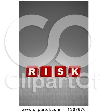 Clipart of 3d Red Dice Spelling the Word RISK on a Metal Surface over a Gradient Gray Background - Royalty Free Illustration by stockillustrations