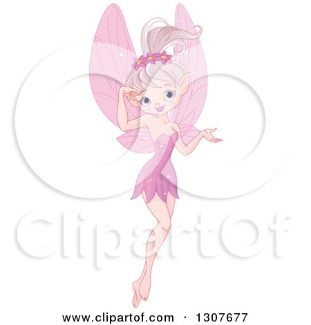 Clipart of a Pink Fiary Pixie Flying and Presenting - Royalty Free Vector Illustration by Pushkin