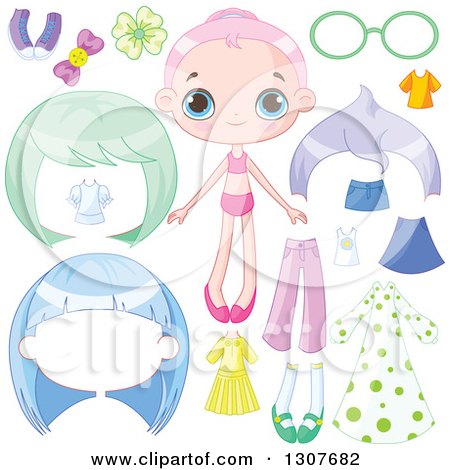 Clipart of a Pink Haired White Dress up Girl with Wigs and Clothes - Royalty Free Vector Illustration by Pushkin