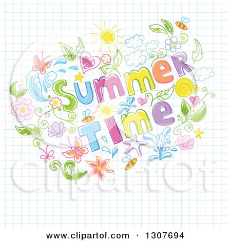 Clipart of a Colorful Floral and Summer Time Text Doodle on Graph Paper - Royalty Free Vector Illustration by Pushkin