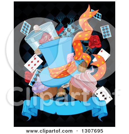 Clipart of a Alice in Wonderland Mad Hatter's Hat Hat, Playing Cards, and Cupcakes over Diamonds and a Blank Banner on Black - Royalty Free Vector Illustration by Pushkin
