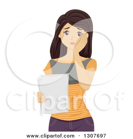Clipart of a Young Worried Brunette White Female High School Student Disappointed in a Grade - Royalty Free Vector Illustration by BNP Design Studio
