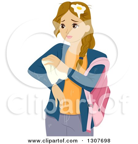 Clipart of a Sad Dirty Blond White High School Girl Wiping off Water and an Egg After Being Bullied - Royalty Free Vector Illustration by BNP Design Studio