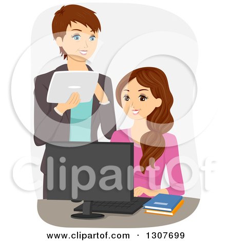 Clipart of a Happy Brunette White Teacher or Mother Advising a Teen Girl - Royalty Free Vector Illustration by BNP Design Studio