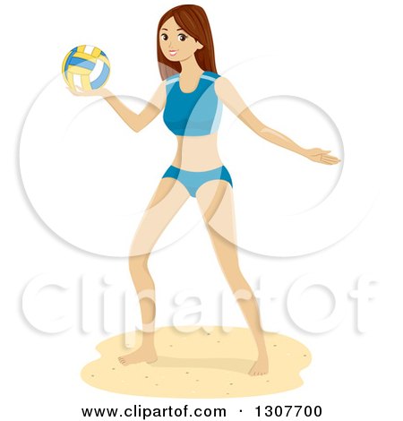 Clipart of a Brunette Young White Woman Playing Beach Volleyball - Royalty Free Vector Illustration by BNP Design Studio