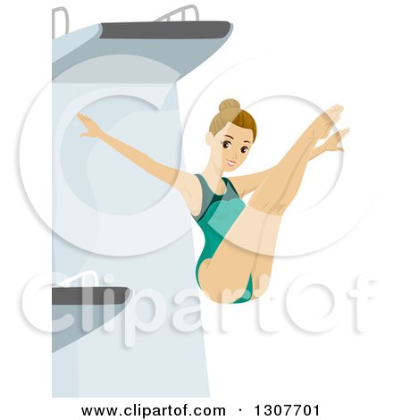 Clipart of a Young Dirty Blond White Female Swimmer Athlete Falling from a Diving Board - Royalty Free Vector Illustration by BNP Design Studio