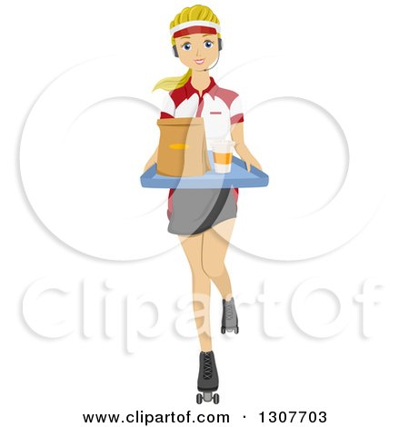 Clipart of a Young White Female Food Worker Wearing Roller Skates with Food at a Drive in - Royalty Free Vector Illustration by BNP Design Studio