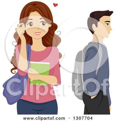 Clipart of a Brunette High School Teen Girl Crushing on a Male Classmate - Royalty Free Vector Illustration by BNP Design Studio