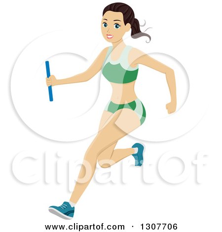 Clipart of a Sporty Young Brunette White Woman Running a Relay Race - Royalty Free Vector Illustration by BNP Design Studio