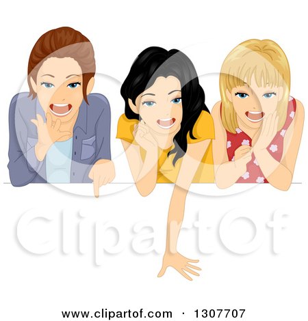Clipart of Three Happy Teenage Girls with Excited Expressions Looking down over a Sign - Royalty Free Vector Illustration by BNP Design Studio