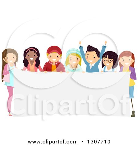 Clipart of a Diverse Group of Teenage Boys and Girls Holding a Blank Banner - Royalty Free Vector Illustration by BNP Design Studio