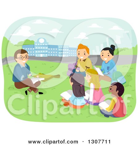 Clipart of a Group of Teenage High School Students Studying in a Park - Royalty Free Vector Illustration by BNP Design Studio