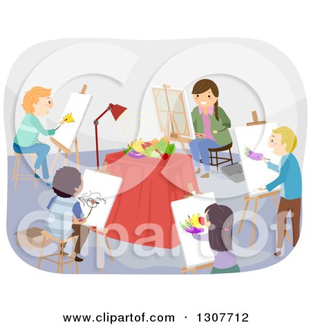 Clipart of a Class of High School Students Painting a Still Life - Royalty Free Vector Illustration by BNP Design Studio